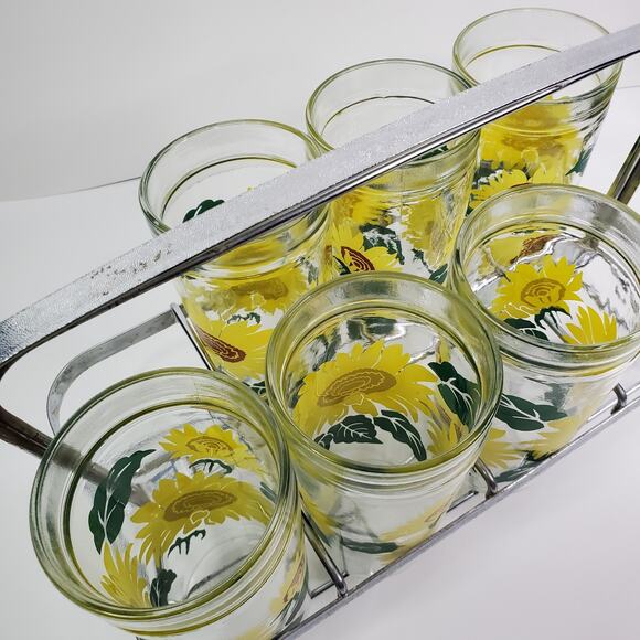 Vintage Anchor Hocking Six Sunflower Tumbler Glasses Jelly Jar Style With Rack - Picture 4 of 8
